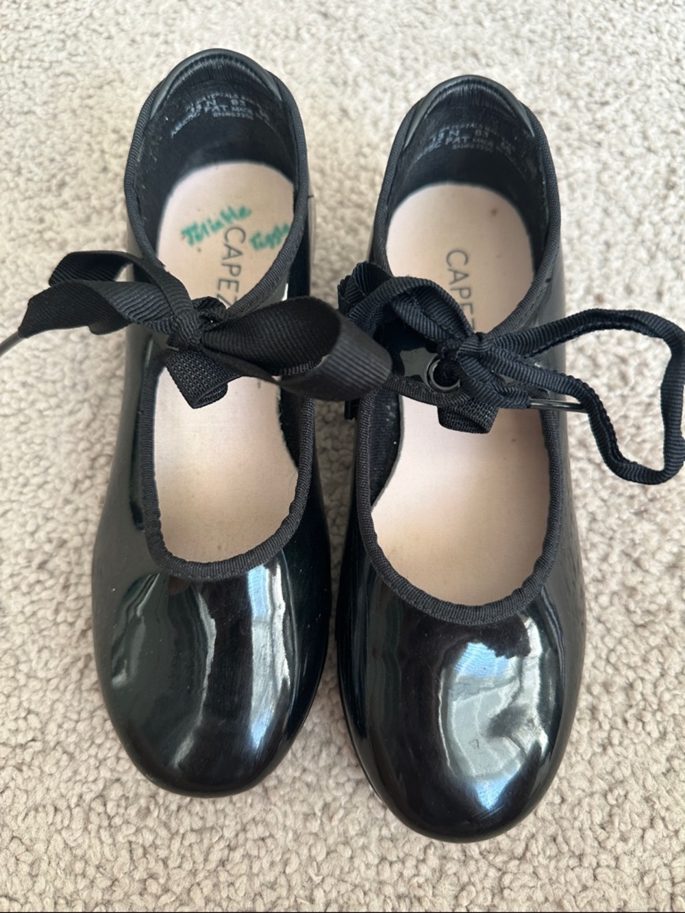 Capezio Black Patent Mary Jane Tap Shoes with Black Ribbon and Elastic- 13N